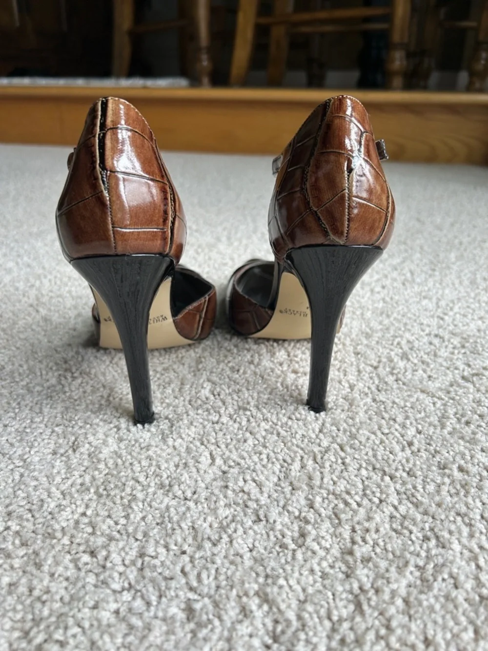 White House, Black market brown, and black reptile design patent high heels